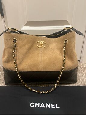 Chanel tan suede & black small shopping tote 26S
